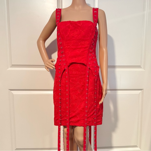 New Akira I KNOW YOU MISS ME CORSETED LACE MINI DRESS IN RED - Picture 12 of 15